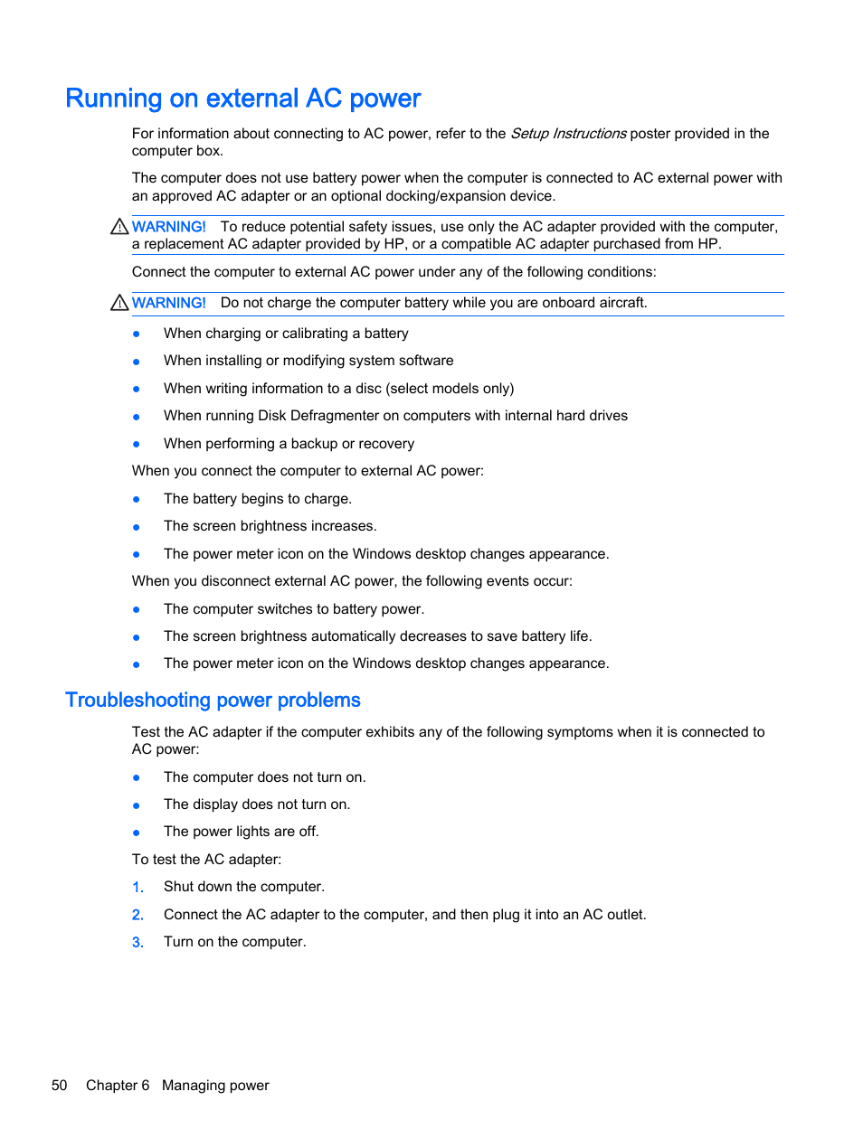 Running on external ac power, Troubleshooting power problems | HP x360 350 G1 Convertible PC User Manual | Page 58 / 80