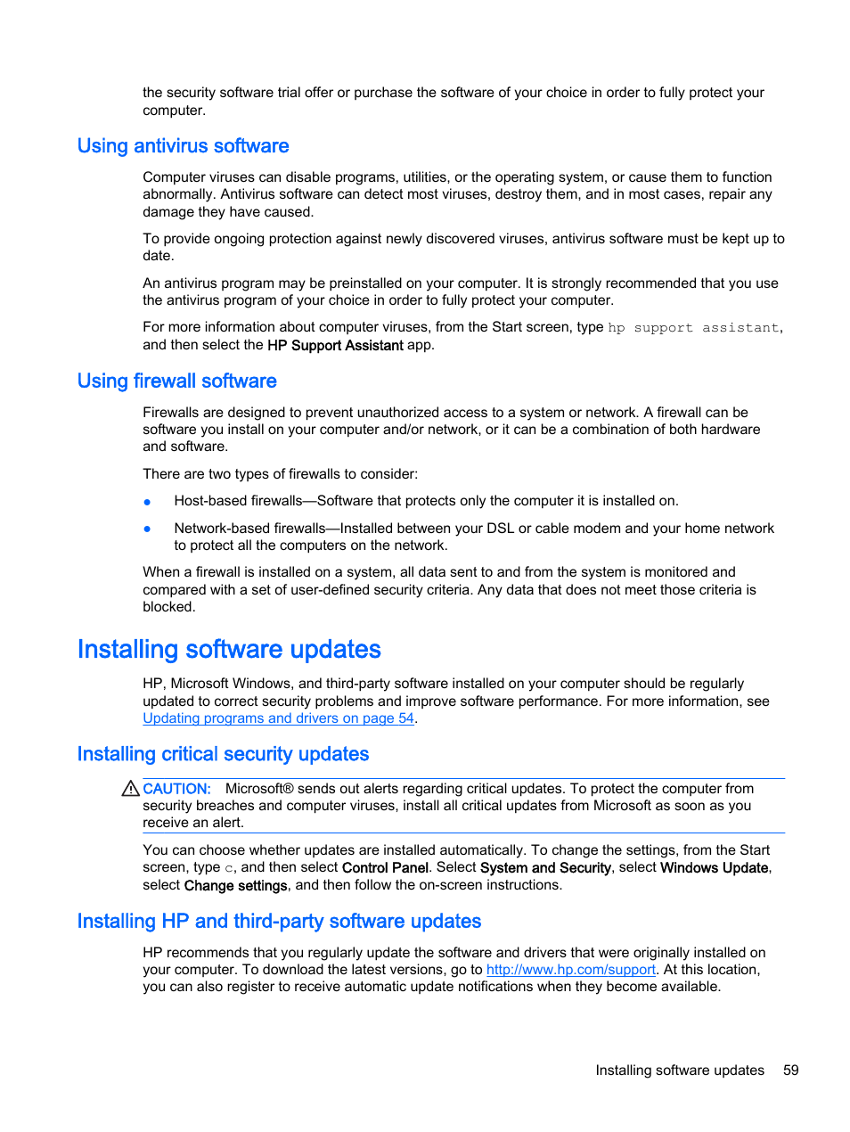 Using antivirus software, Using firewall software, Installing software updates | Installing critical security updates, Installing hp and third-party software updates, Using antivirus software using firewall software | HP x360 350 G1 Convertible PC User Manual | Page 67 / 80