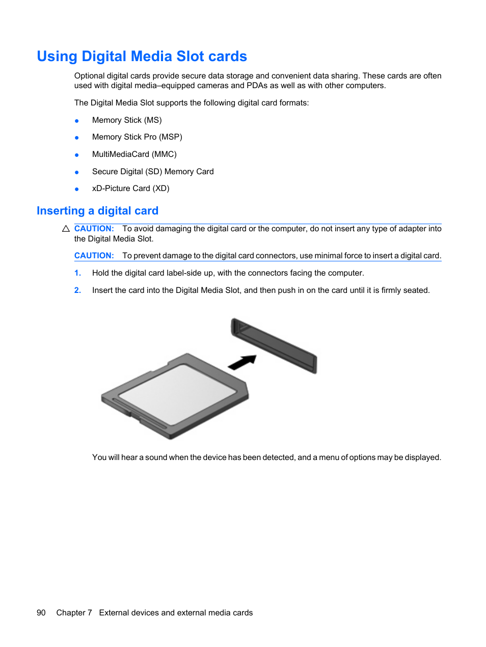 Using digital media slot cards, Inserting a digital card | HP Compaq Presario CQ41-211TX Notebook PC User Manual | Page 100 / 132