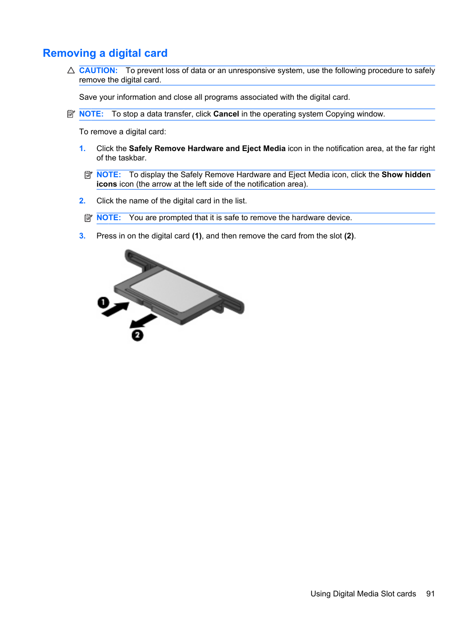Removing a digital card | HP Compaq Presario CQ41-211TX Notebook PC User Manual | Page 101 / 132