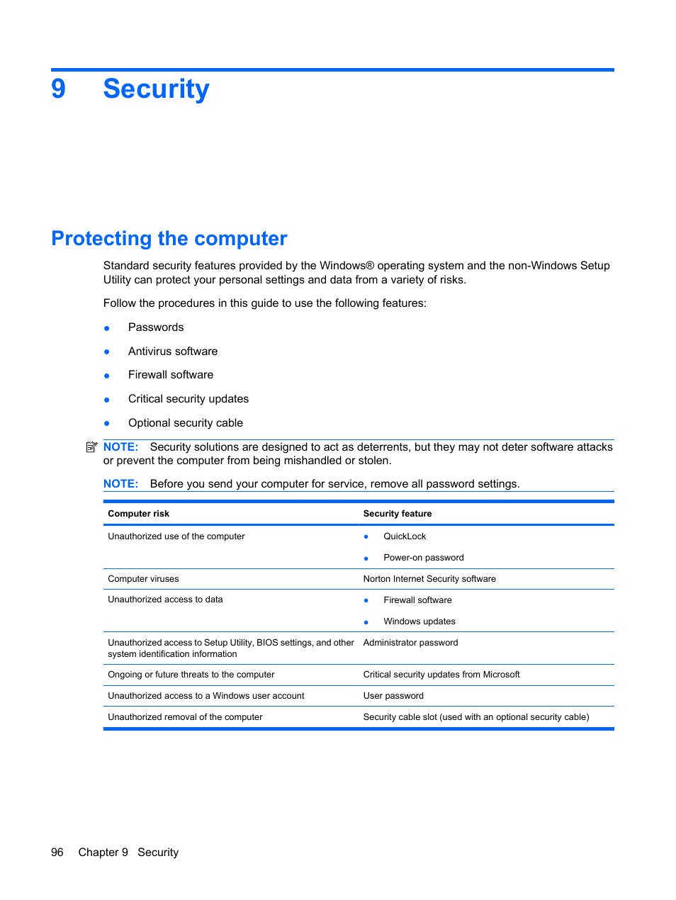 Security, Protecting the computer, 9 security | 9security | HP Compaq Presario CQ41-211TX Notebook PC User Manual | Page 106 / 132