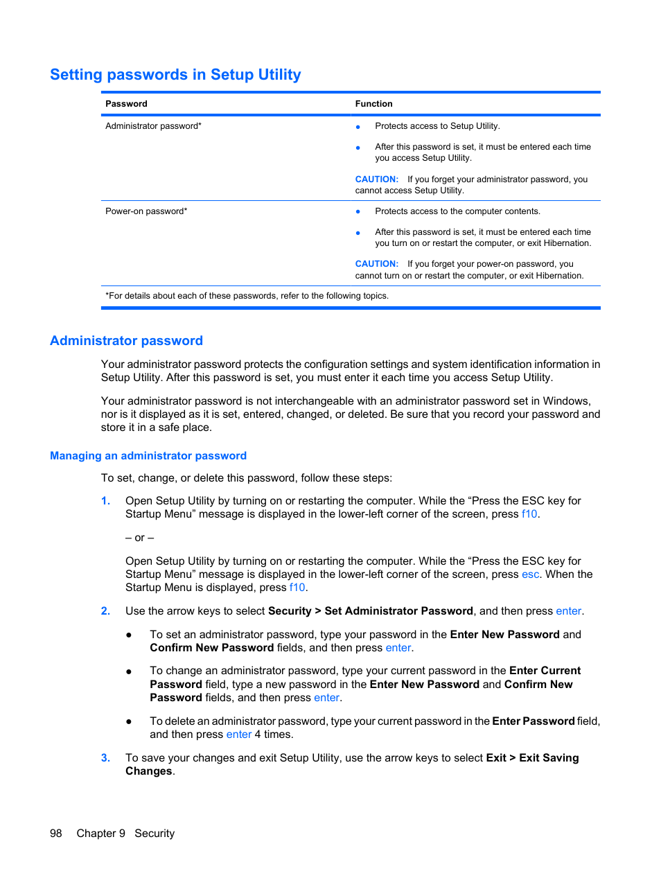 Setting passwords in setup utility, Administrator password, Managing an administrator password | HP Compaq Presario CQ41-211TX Notebook PC User Manual | Page 108 / 132