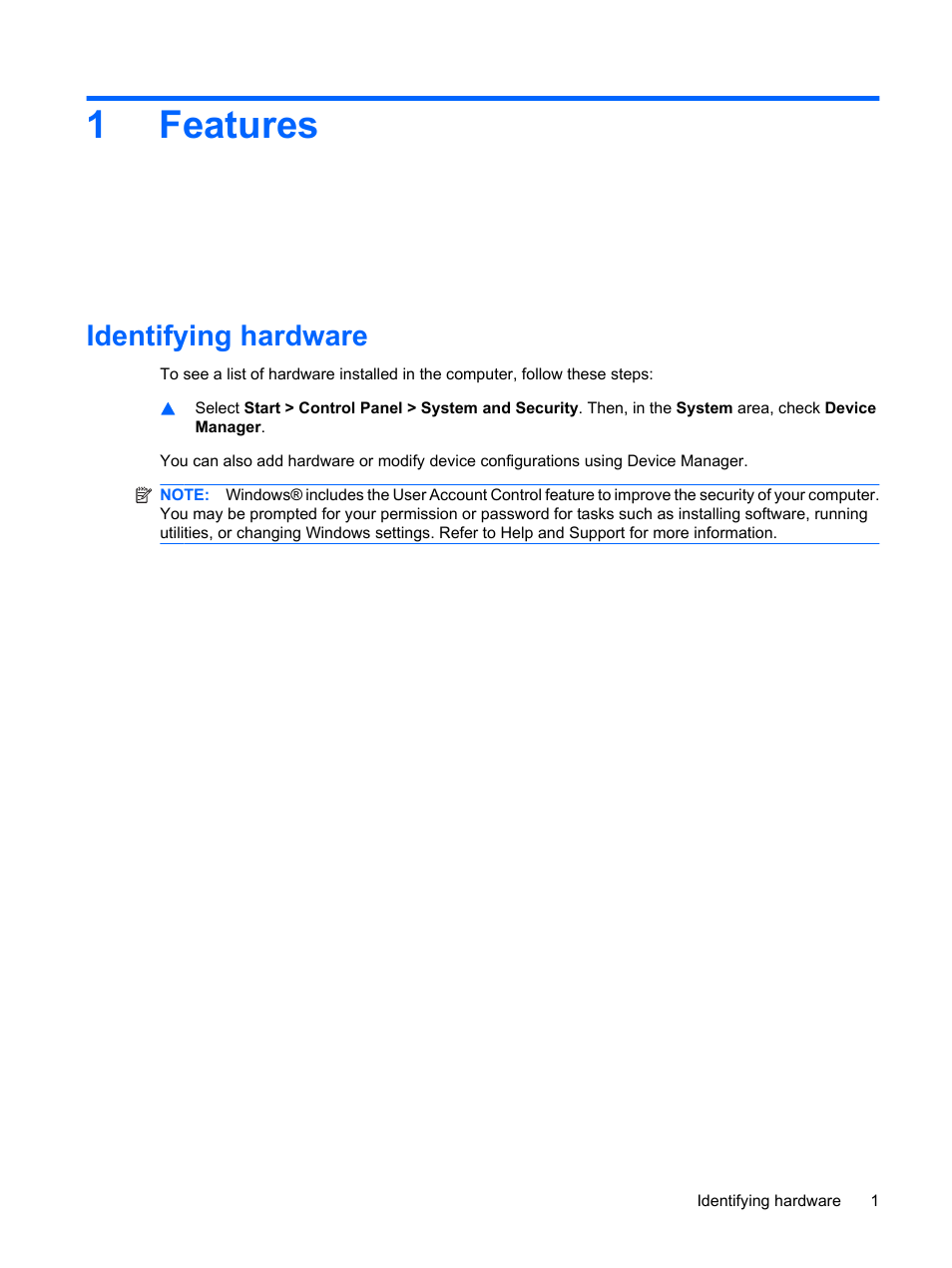 Features, Identifying hardware, 1 features | 1features | HP Compaq Presario CQ41-211TX Notebook PC User Manual | Page 11 / 132