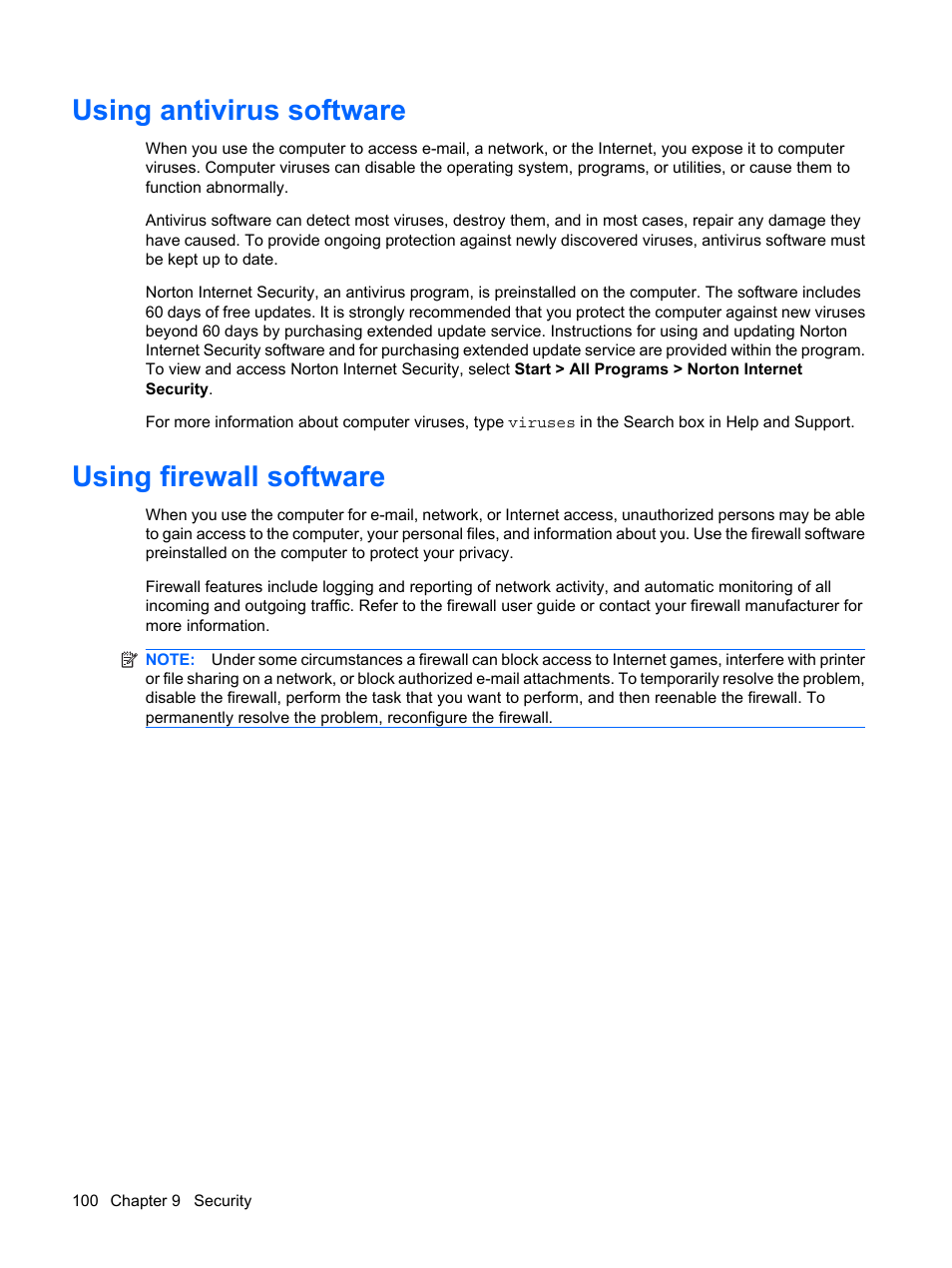 Using antivirus software, Using firewall software, Using antivirus software using firewall software | HP Compaq Presario CQ41-211TX Notebook PC User Manual | Page 110 / 132