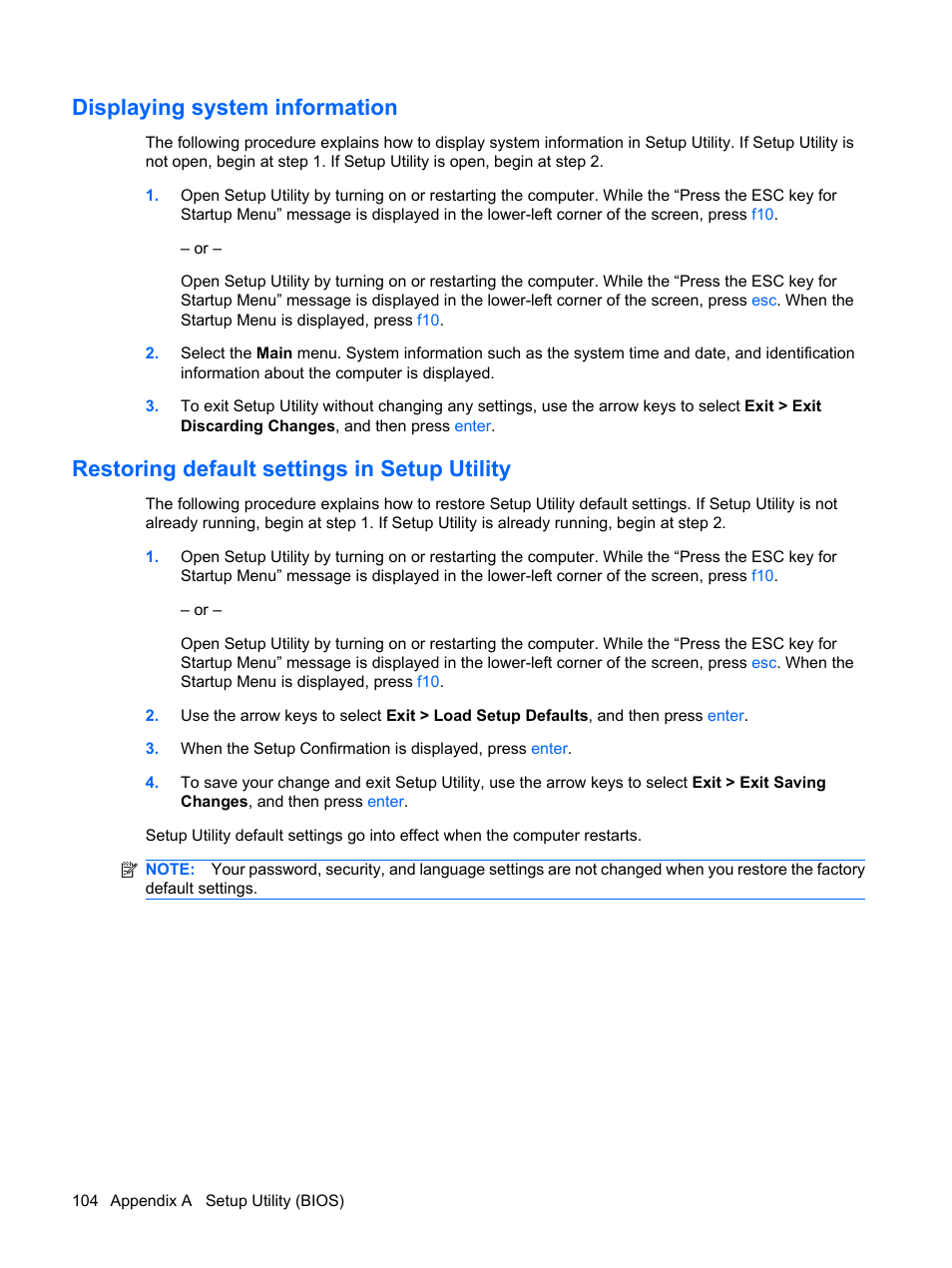 Displaying system information, Restoring default settings in setup utility | HP Compaq Presario CQ41-211TX Notebook PC User Manual | Page 114 / 132