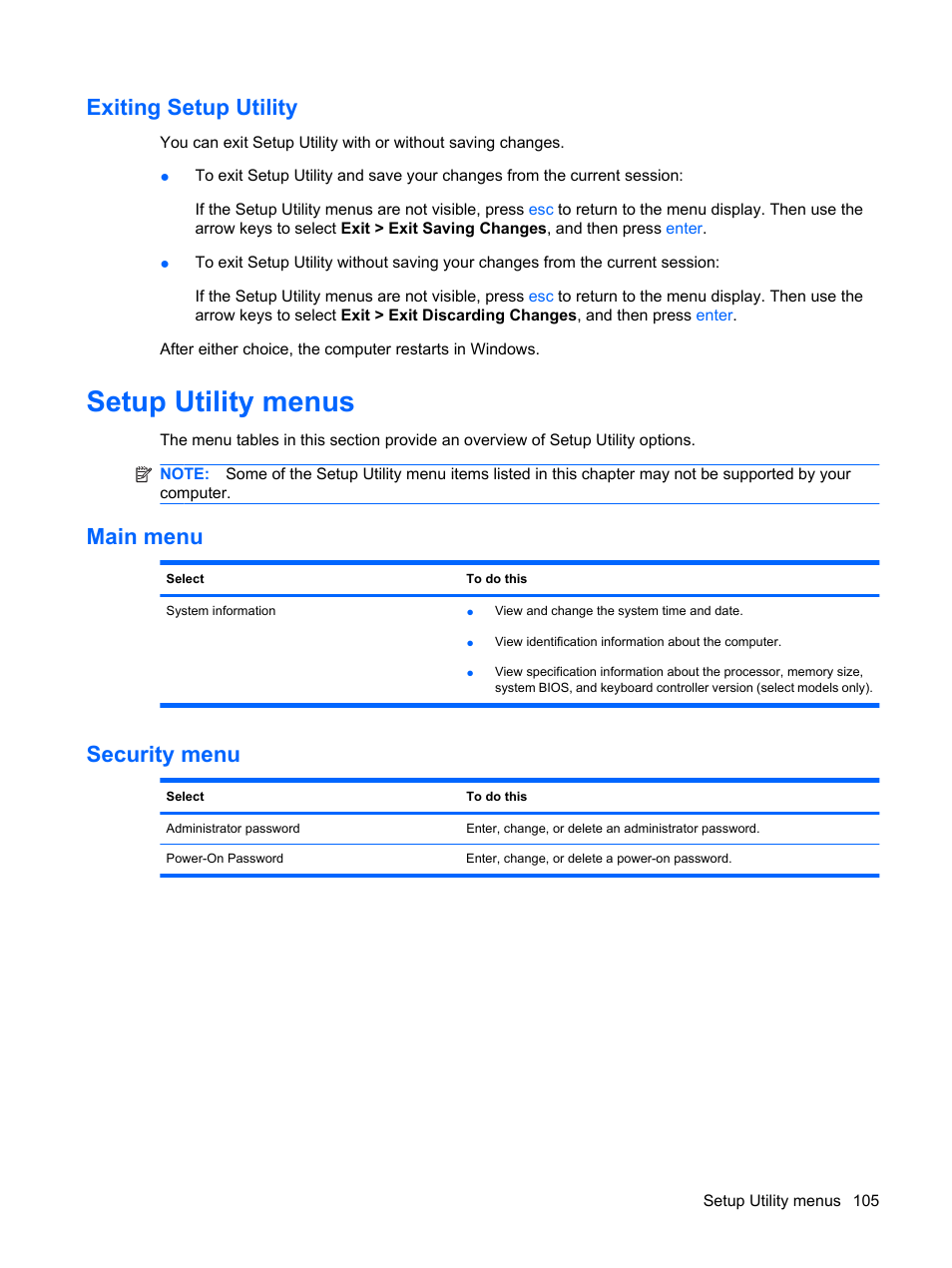 Exiting setup utility, Setup utility menus, Main menu | Security menu, Main menu security menu | HP Compaq Presario CQ41-211TX Notebook PC User Manual | Page 115 / 132