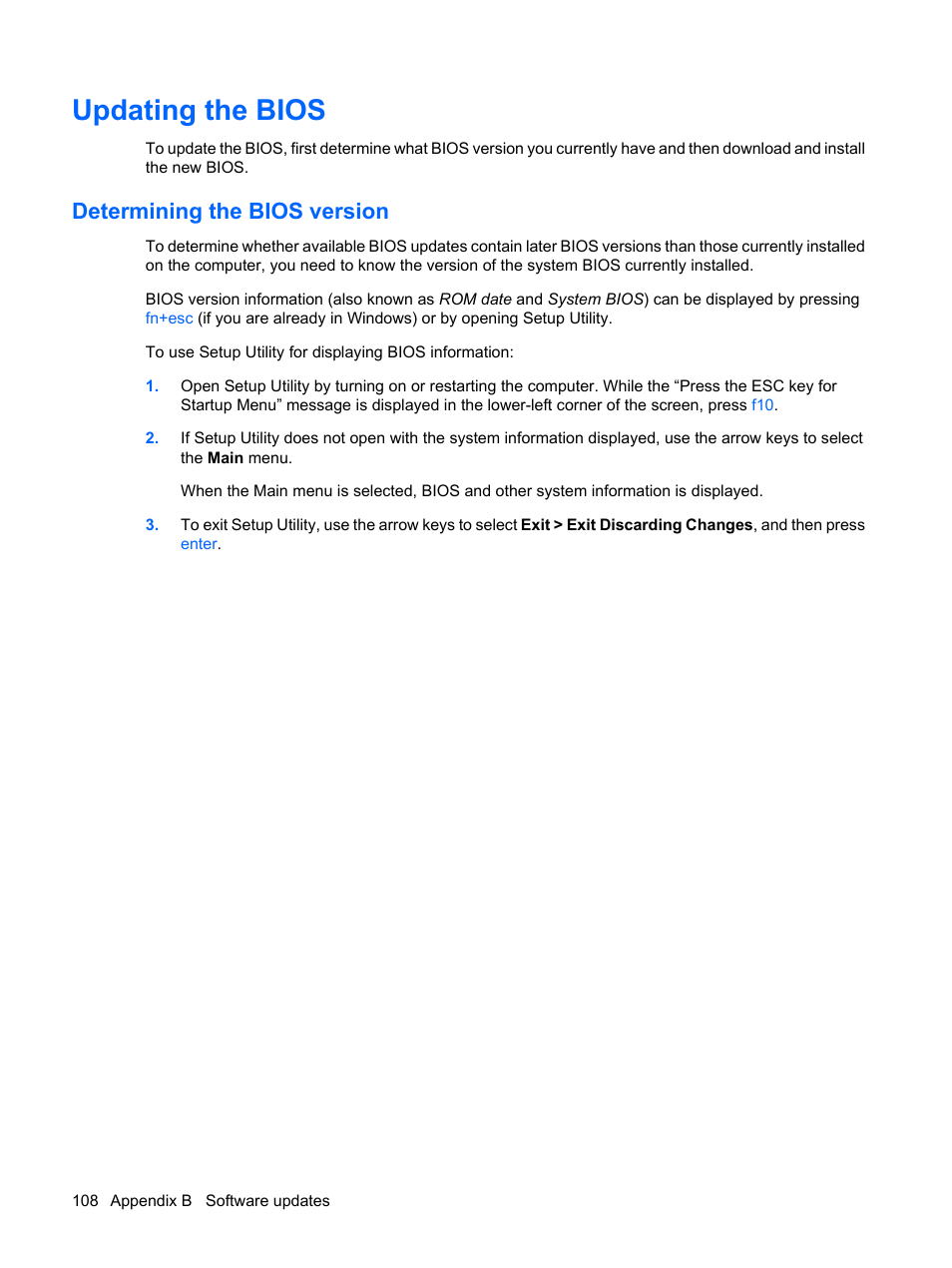 Updating the bios, Determining the bios version | HP Compaq Presario CQ41-211TX Notebook PC User Manual | Page 118 / 132