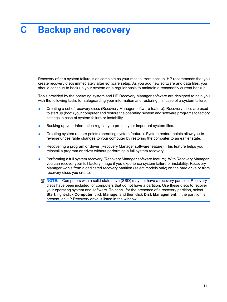 Backup and recovery, Appendix c backup and recovery, Cbackup and recovery | HP Compaq Presario CQ41-211TX Notebook PC User Manual | Page 121 / 132