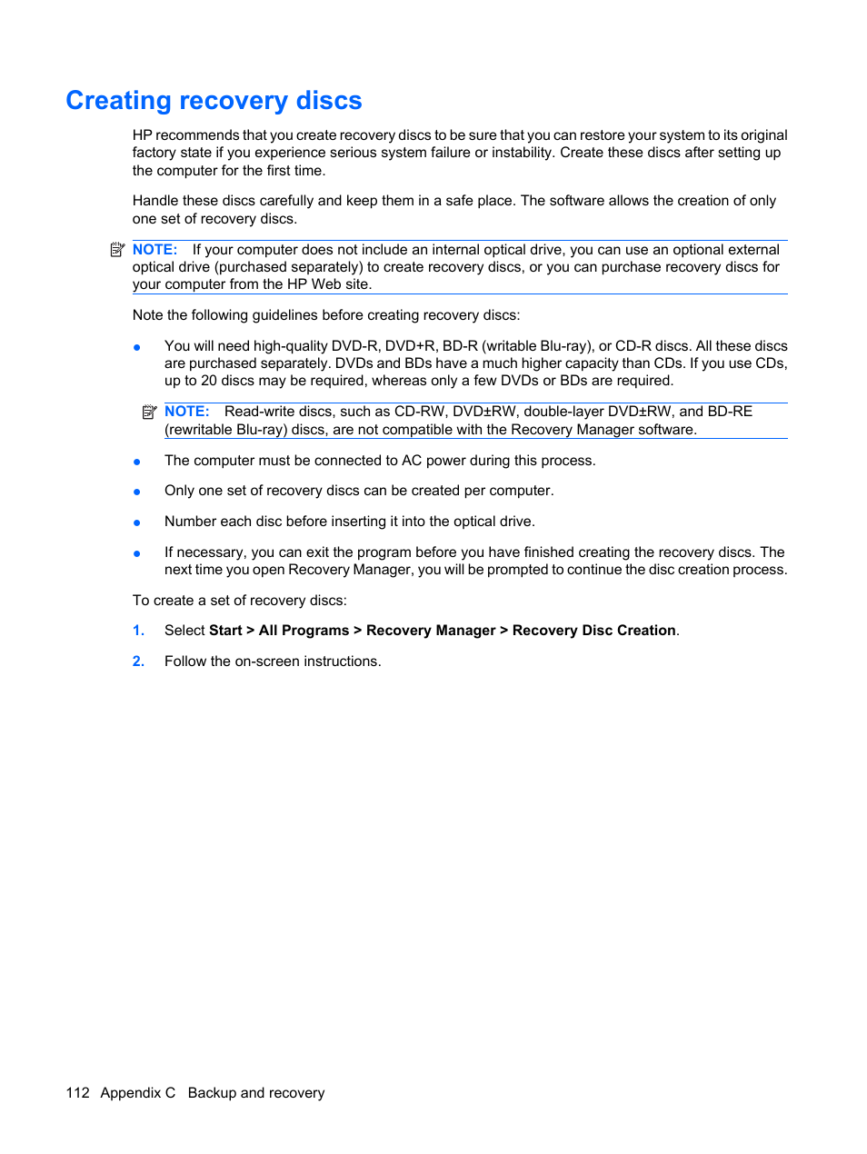 Creating recovery discs | HP Compaq Presario CQ41-211TX Notebook PC User Manual | Page 122 / 132