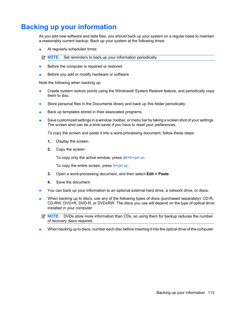 Backing up your information | HP Compaq Presario CQ41-211TX Notebook PC User Manual | Page 123 / 132