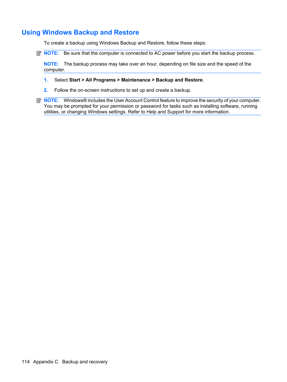 Using windows backup and restore | HP Compaq Presario CQ41-211TX Notebook PC User Manual | Page 124 / 132