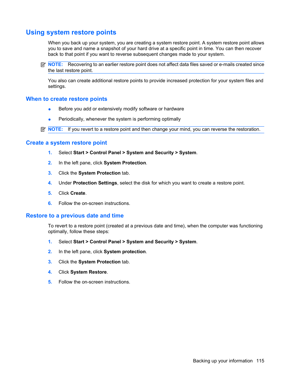 Using system restore points, When to create restore points, Create a system restore point | Restore to a previous date and time | HP Compaq Presario CQ41-211TX Notebook PC User Manual | Page 125 / 132