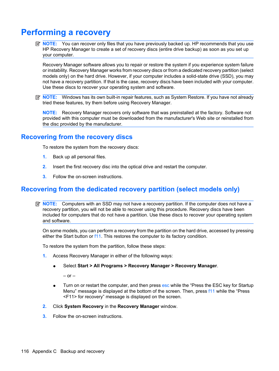 Performing a recovery, Recovering from the recovery discs | HP Compaq Presario CQ41-211TX Notebook PC User Manual | Page 126 / 132