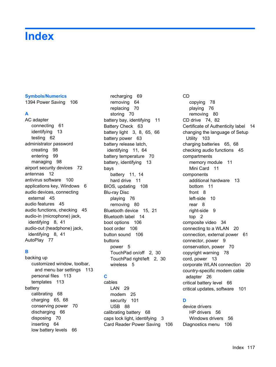 Index | HP Compaq Presario CQ41-211TX Notebook PC User Manual | Page 127 / 132