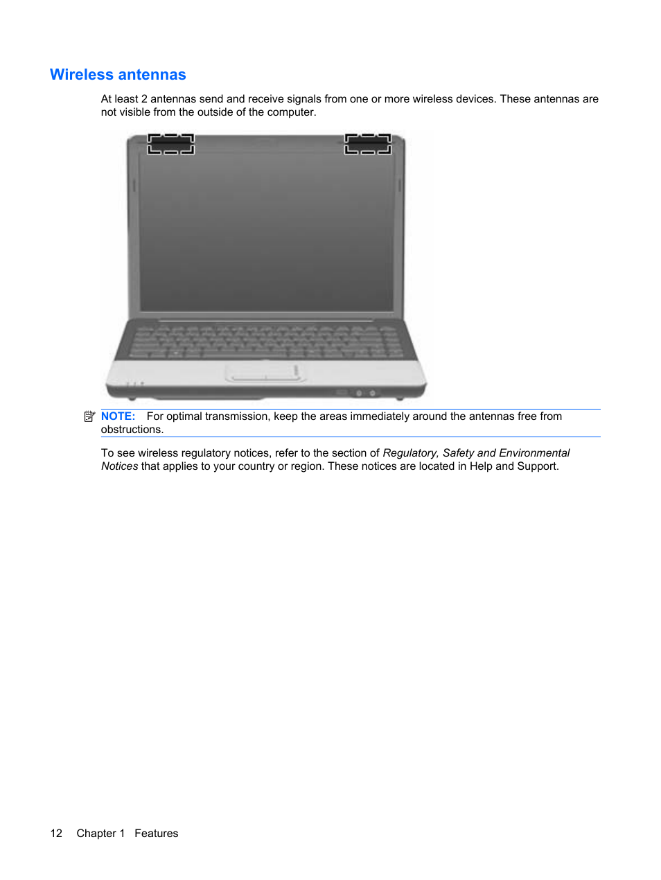 Wireless antennas | HP Compaq Presario CQ41-211TX Notebook PC User Manual | Page 22 / 132
