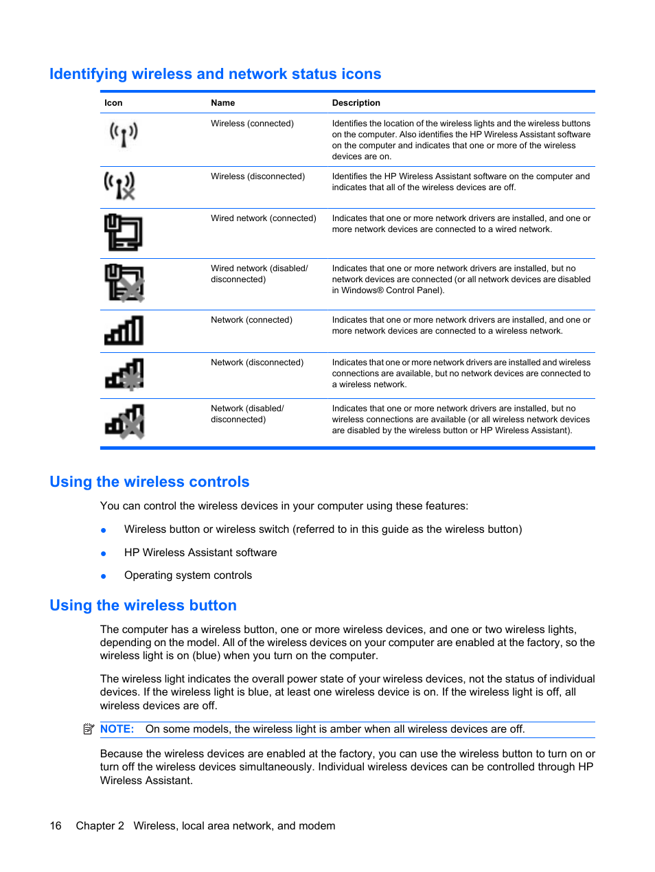 Identifying wireless and network status icons, Using the wireless controls, Using the wireless button | HP Compaq Presario CQ41-211TX Notebook PC User Manual | Page 26 / 132