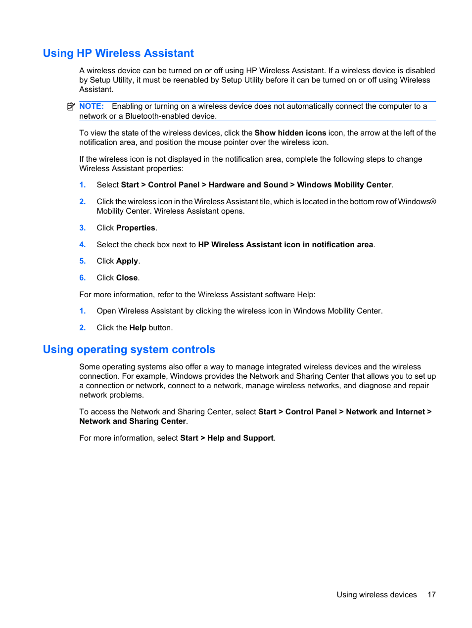 Using hp wireless assistant, Using operating system controls | HP Compaq Presario CQ41-211TX Notebook PC User Manual | Page 27 / 132