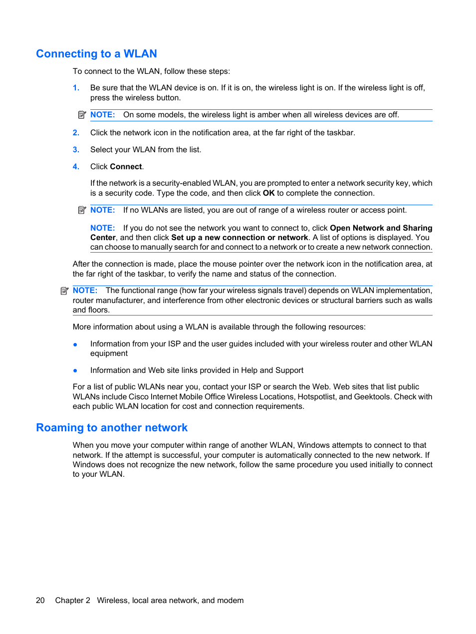 Connecting to a wlan, Roaming to another network, Connecting to a wlan roaming to another network | HP Compaq Presario CQ41-211TX Notebook PC User Manual | Page 30 / 132