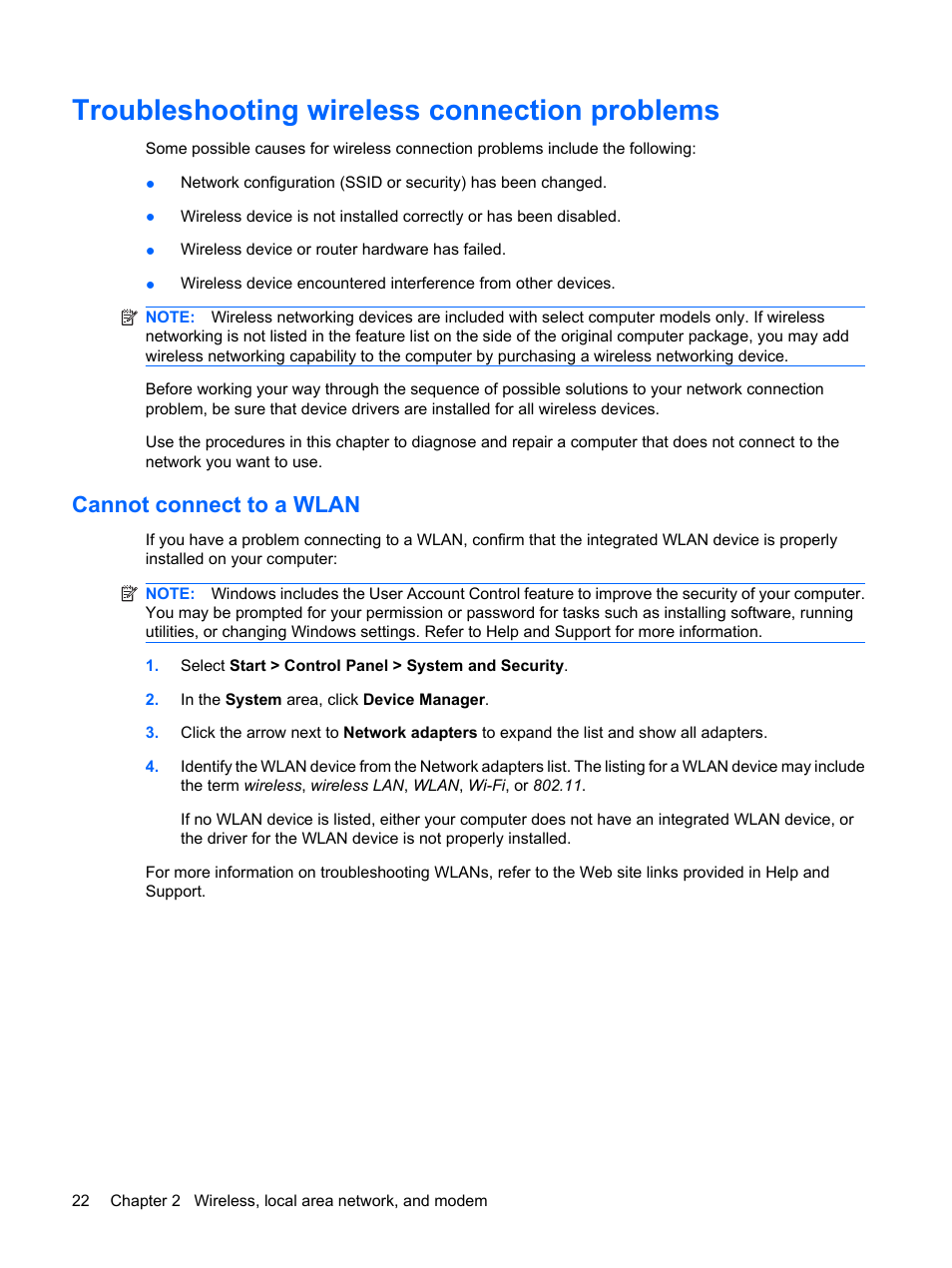 Troubleshooting wireless connection problems, Cannot connect to a wlan | HP Compaq Presario CQ41-211TX Notebook PC User Manual | Page 32 / 132