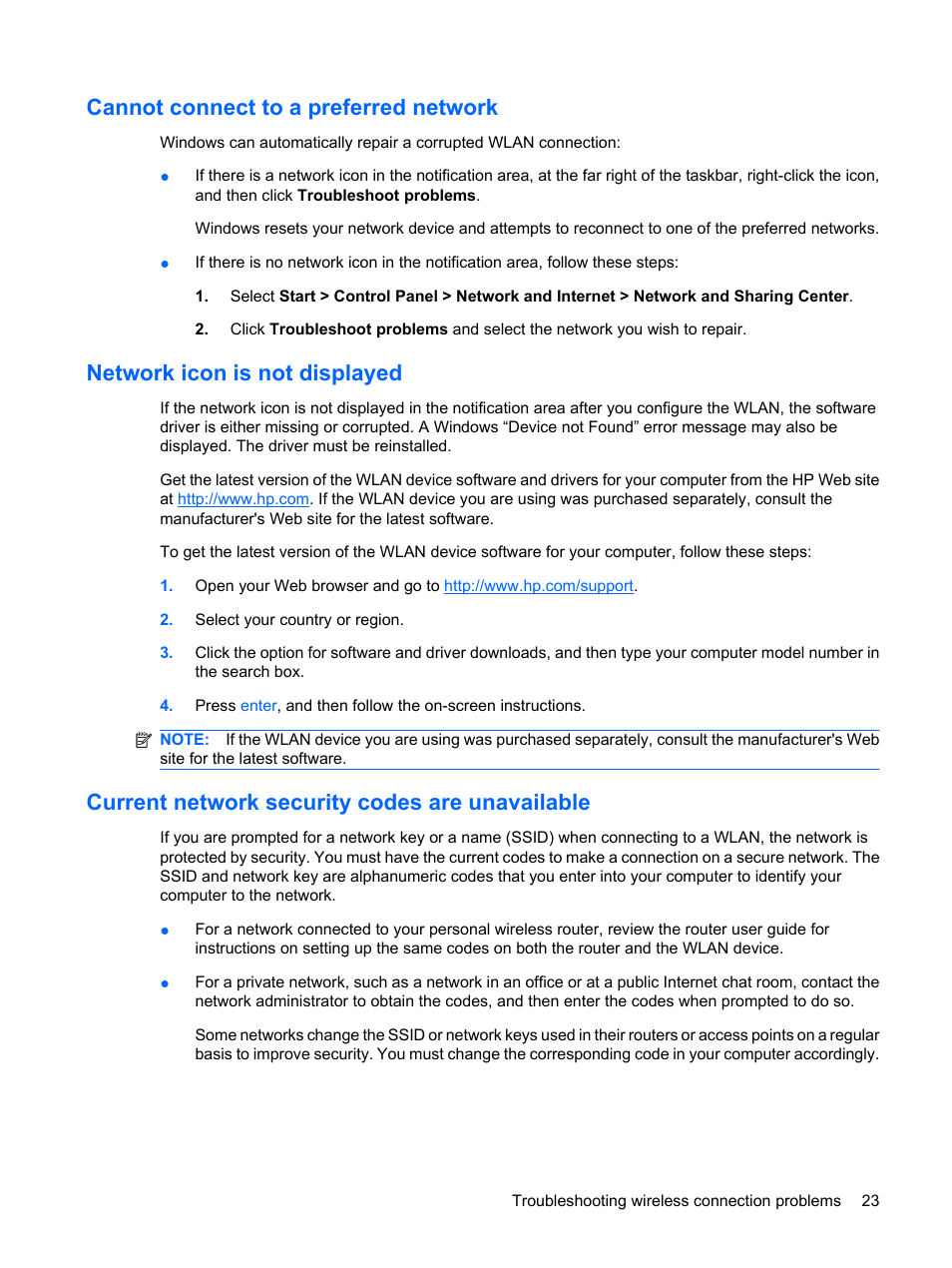 Cannot connect to a preferred network, Network icon is not displayed, Current network security codes are unavailable | HP Compaq Presario CQ41-211TX Notebook PC User Manual | Page 33 / 132