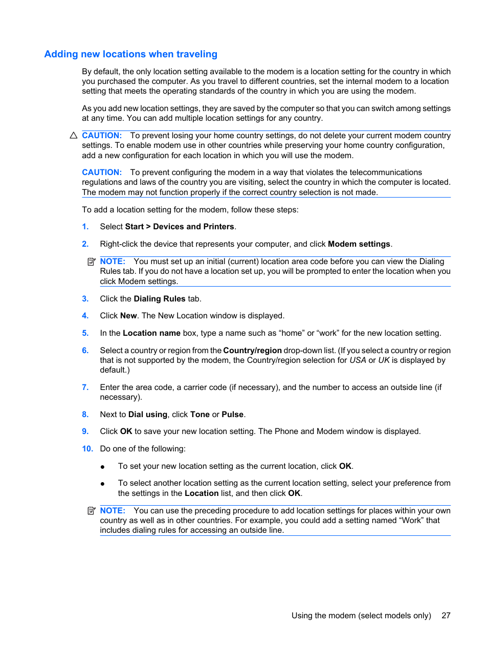Adding new locations when traveling | HP Compaq Presario CQ41-211TX Notebook PC User Manual | Page 37 / 132
