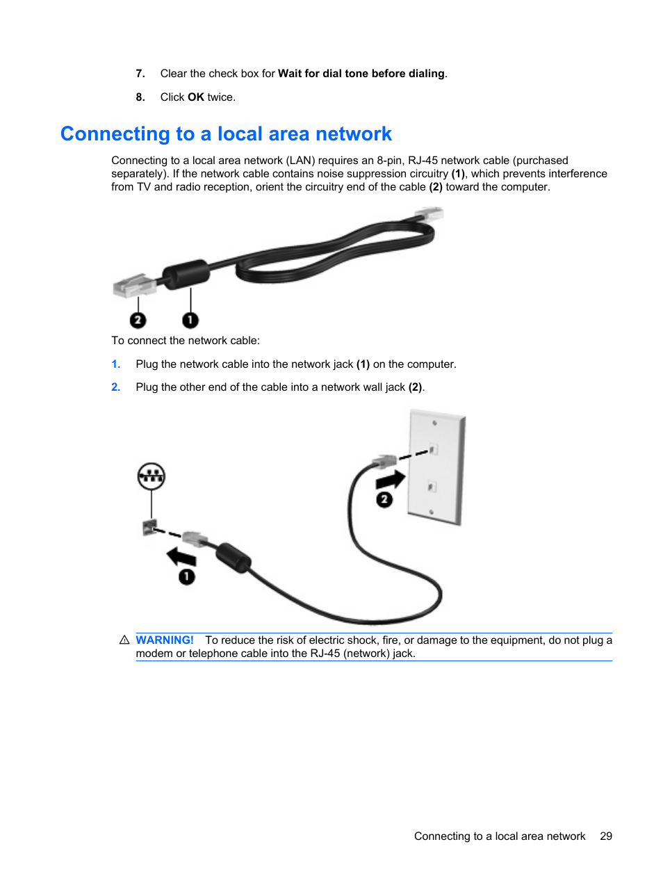 Connecting to a local area network | HP Compaq Presario CQ41-211TX Notebook PC User Manual | Page 39 / 132
