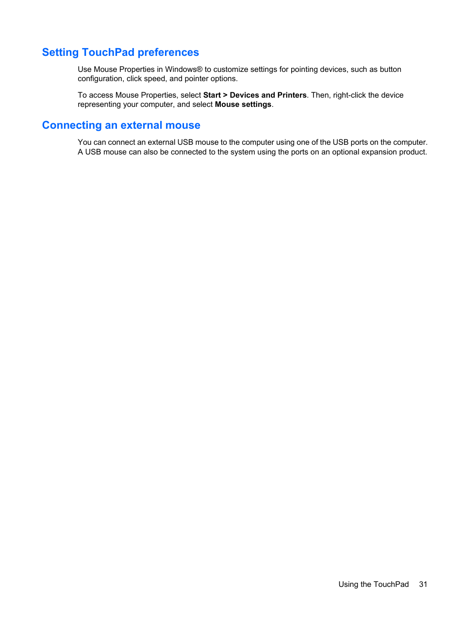 Setting touchpad preferences, Connecting an external mouse | HP Compaq Presario CQ41-211TX Notebook PC User Manual | Page 41 / 132