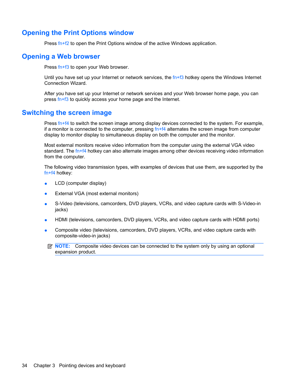 Opening the print options window, Opening a web browser, Switching the screen image | HP Compaq Presario CQ41-211TX Notebook PC User Manual | Page 44 / 132