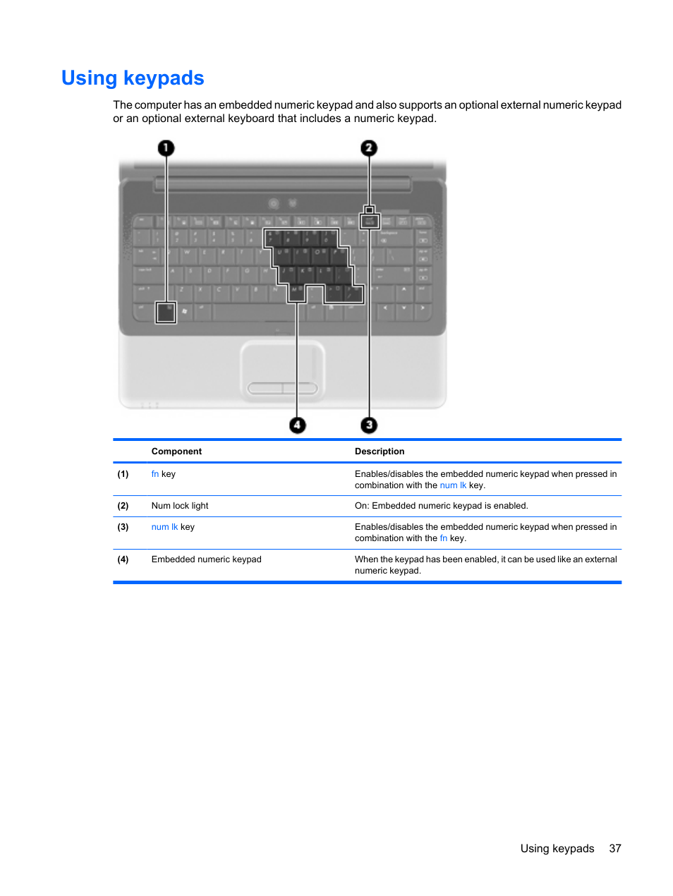 Using keypads | HP Compaq Presario CQ41-211TX Notebook PC User Manual | Page 47 / 132
