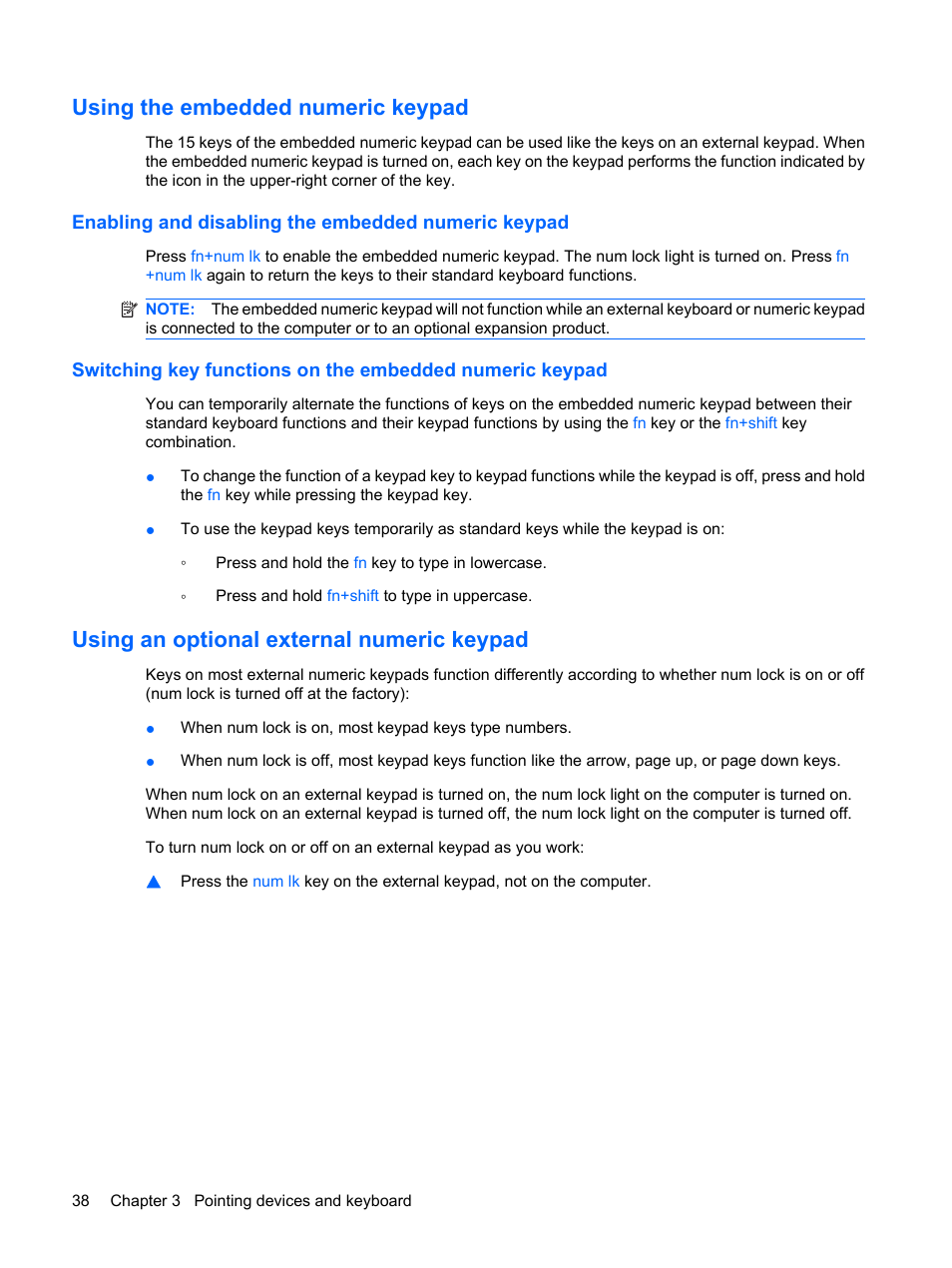 Using the embedded numeric keypad, Enabling and disabling the embedded numeric keypad, Using an optional external numeric keypad | HP Compaq Presario CQ41-211TX Notebook PC User Manual | Page 48 / 132