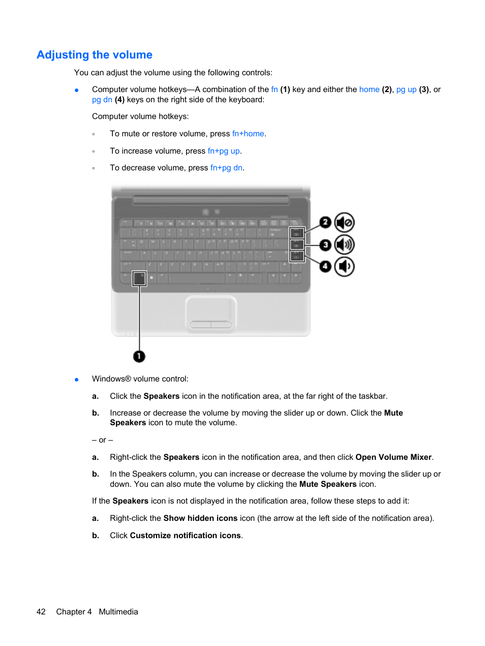 Adjusting the volume | HP Compaq Presario CQ41-211TX Notebook PC User Manual | Page 52 / 132