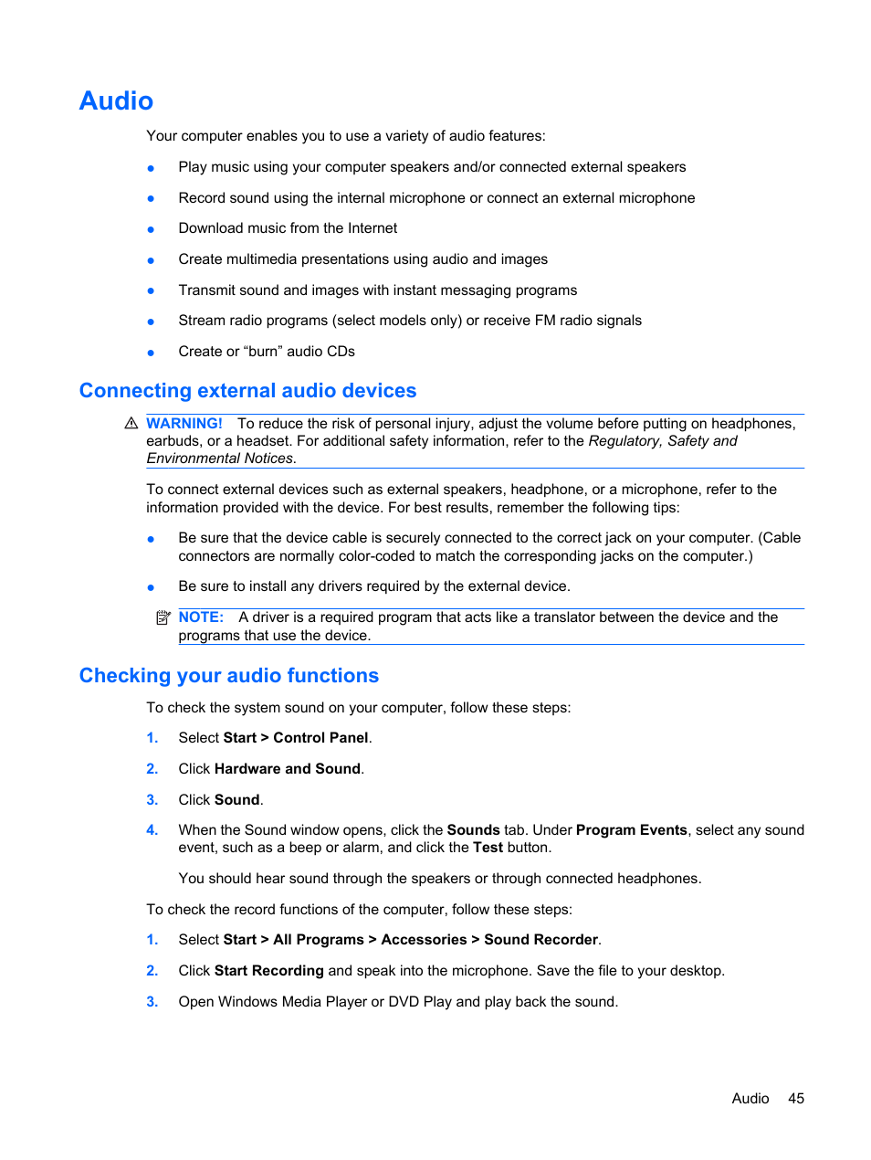 Audio, Connecting external audio devices, Checking your audio functions | HP Compaq Presario CQ41-211TX Notebook PC User Manual | Page 55 / 132