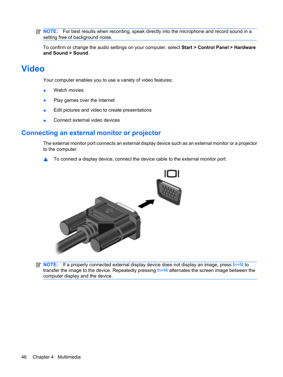 Video, Connecting an external monitor or projector | HP Compaq Presario CQ41-211TX Notebook PC User Manual | Page 56 / 132