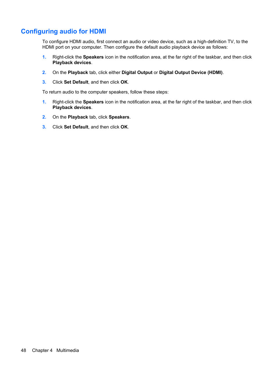 Configuring audio for hdmi | HP Compaq Presario CQ41-211TX Notebook PC User Manual | Page 58 / 132