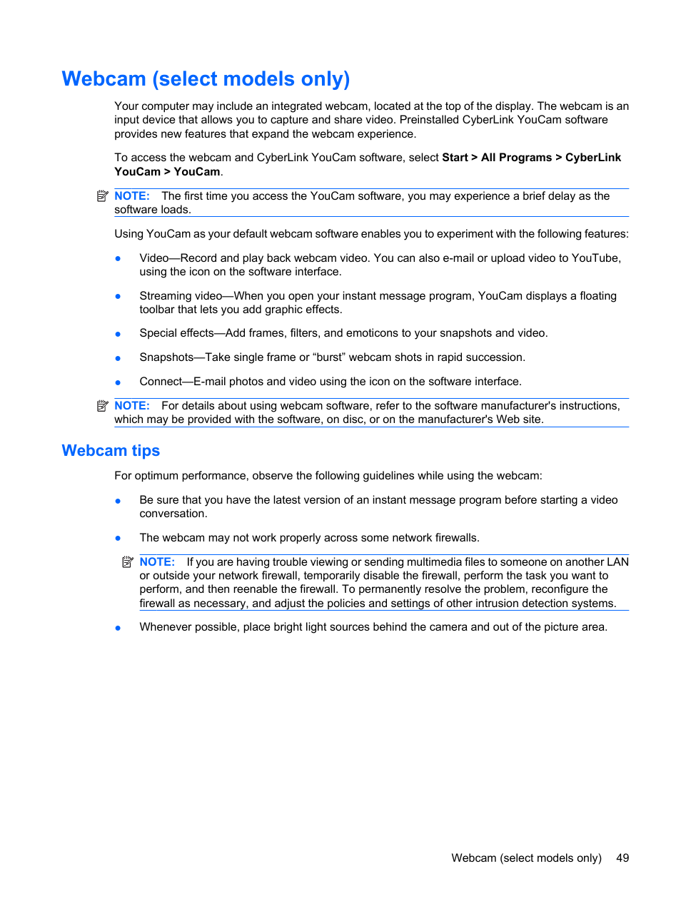Webcam (select models only), Webcam tips | HP Compaq Presario CQ41-211TX Notebook PC User Manual | Page 59 / 132