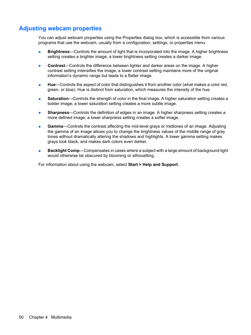 Adjusting webcam properties | HP Compaq Presario CQ41-211TX Notebook PC User Manual | Page 60 / 132