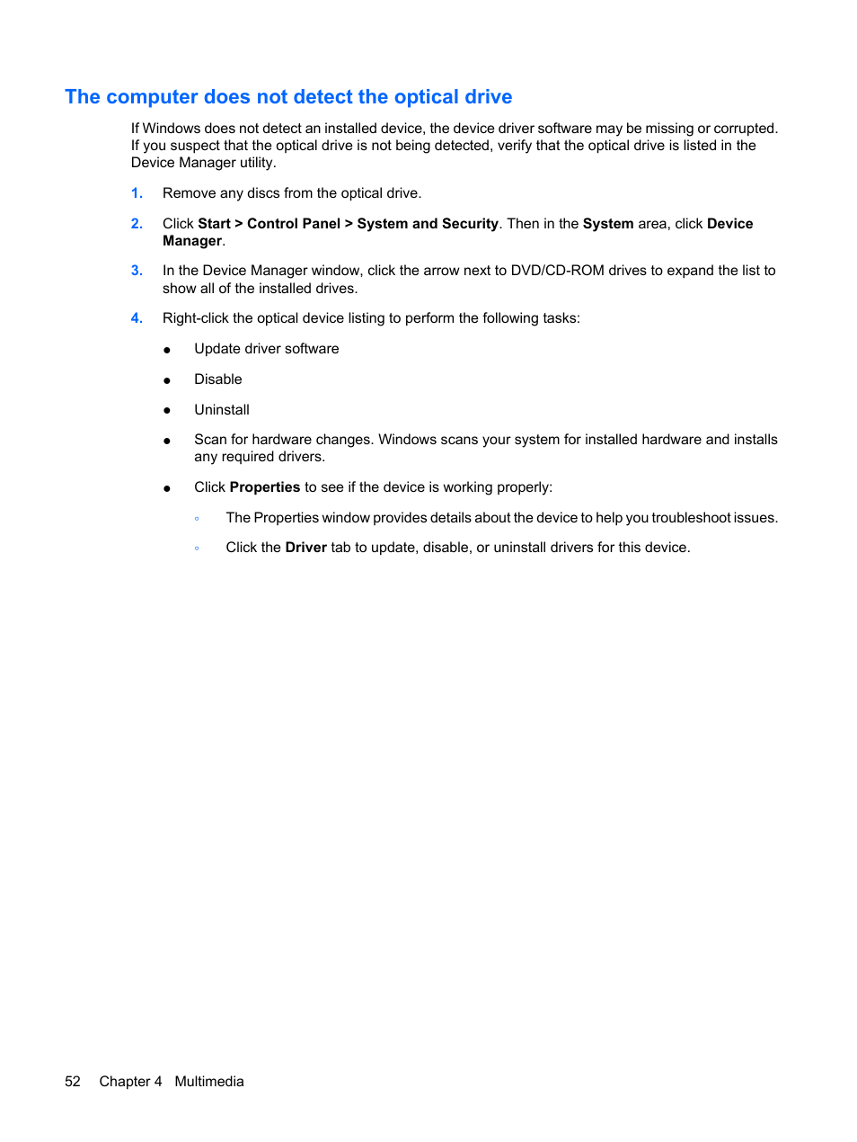 The computer does not detect the optical drive | HP Compaq Presario CQ41-211TX Notebook PC User Manual | Page 62 / 132