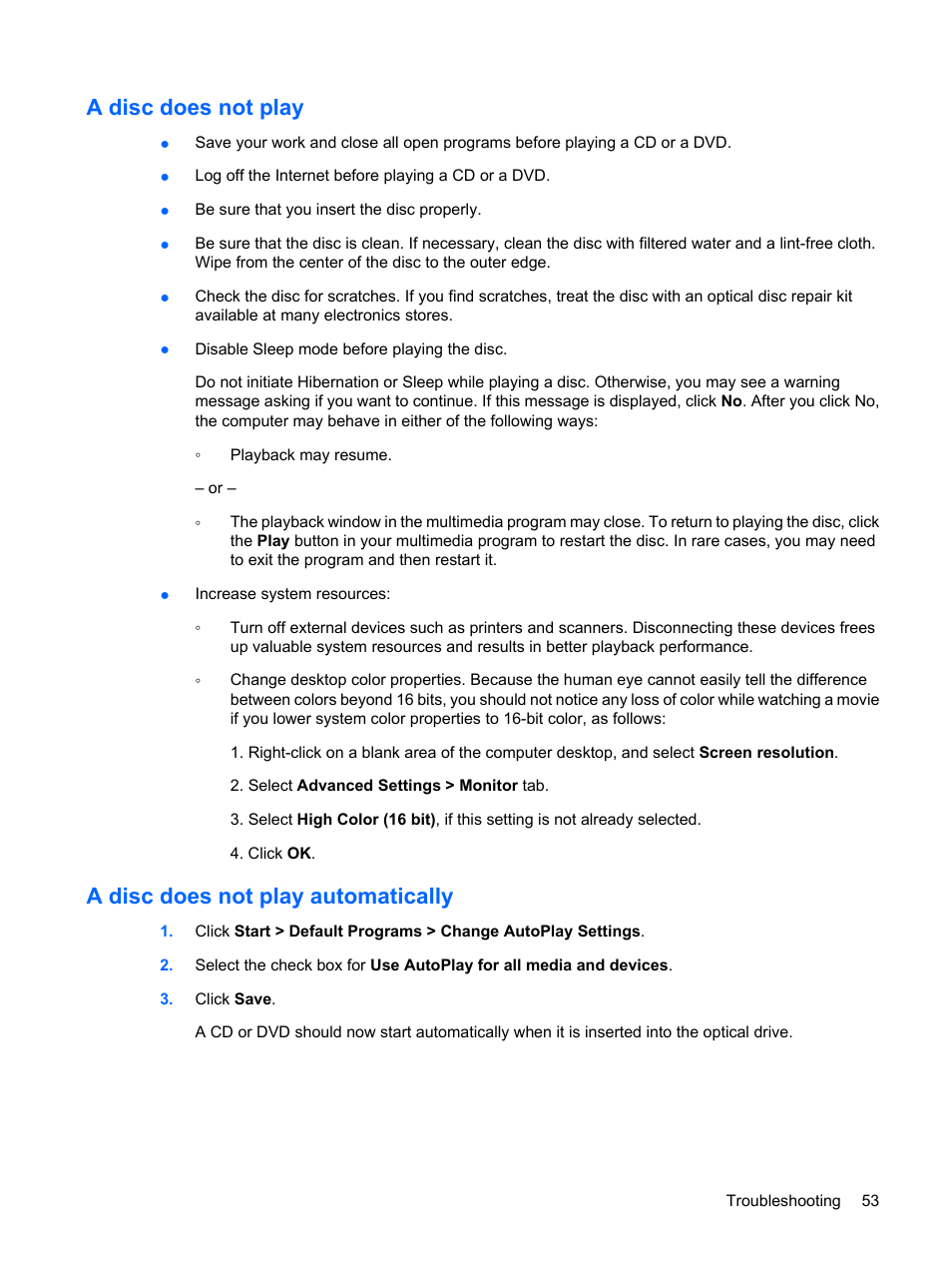 A disc does not play, A disc does not play automatically | HP Compaq Presario CQ41-211TX Notebook PC User Manual | Page 63 / 132