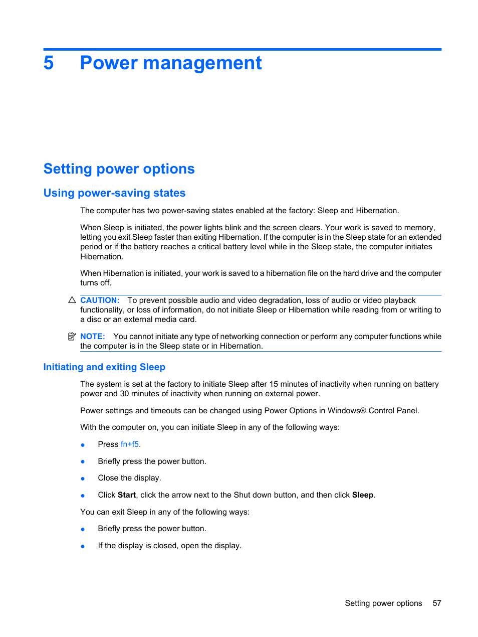 Power management, Setting power options, Using power-saving states | Initiating and exiting sleep, 5 power management, 5power management | HP Compaq Presario CQ41-211TX Notebook PC User Manual | Page 67 / 132