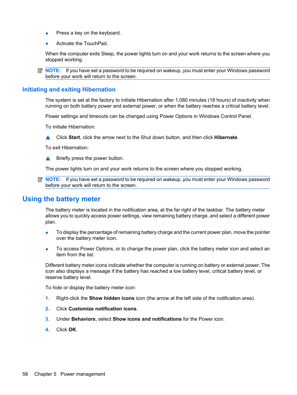 Initiating and exiting hibernation, Using the battery meter | HP Compaq Presario CQ41-211TX Notebook PC User Manual | Page 68 / 132