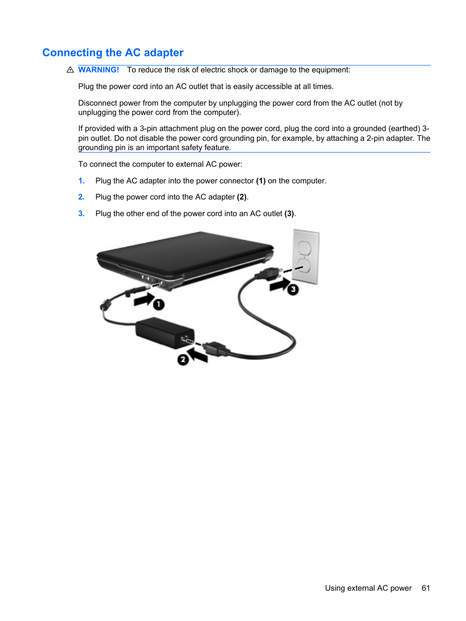 Connecting the ac adapter | HP Compaq Presario CQ41-211TX Notebook PC User Manual | Page 71 / 132