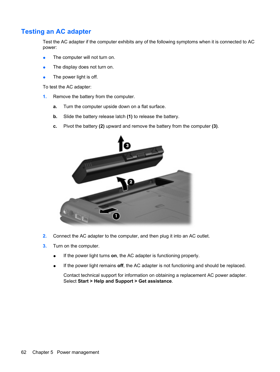 Testing an ac adapter | HP Compaq Presario CQ41-211TX Notebook PC User Manual | Page 72 / 132