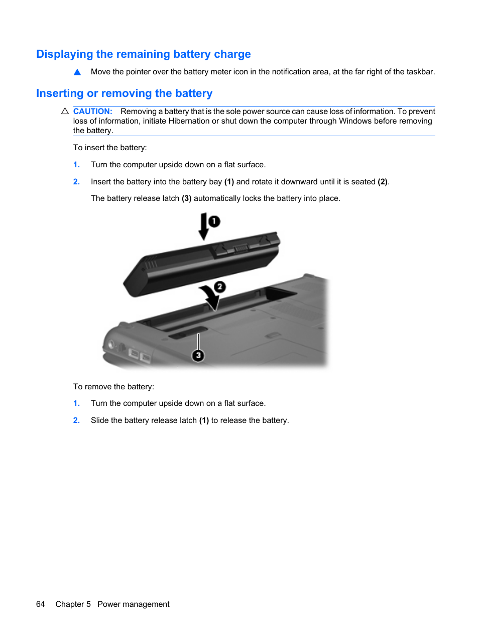 Displaying the remaining battery charge, Inserting or removing the battery | HP Compaq Presario CQ41-211TX Notebook PC User Manual | Page 74 / 132