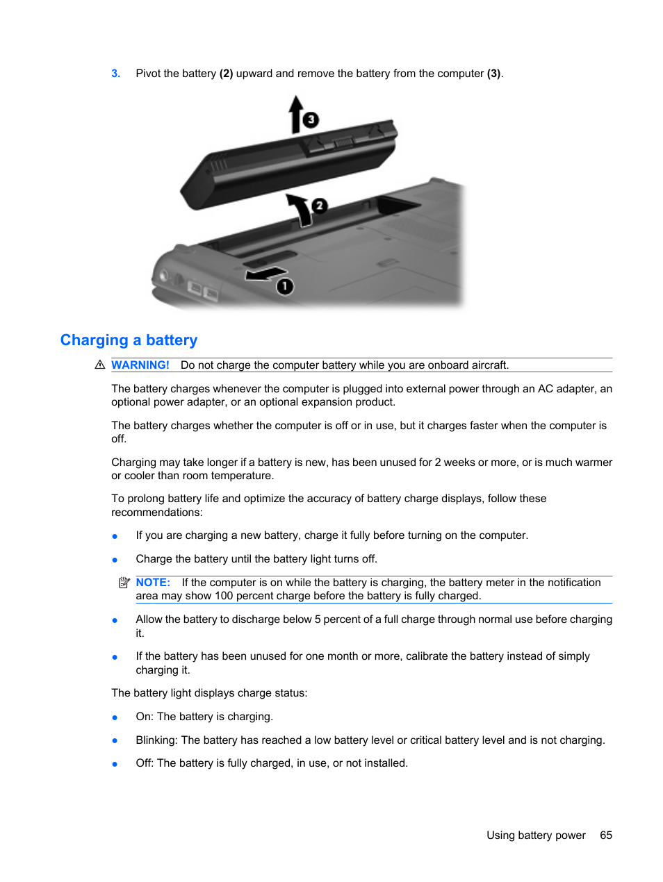 Charging a battery | HP Compaq Presario CQ41-211TX Notebook PC User Manual | Page 75 / 132
