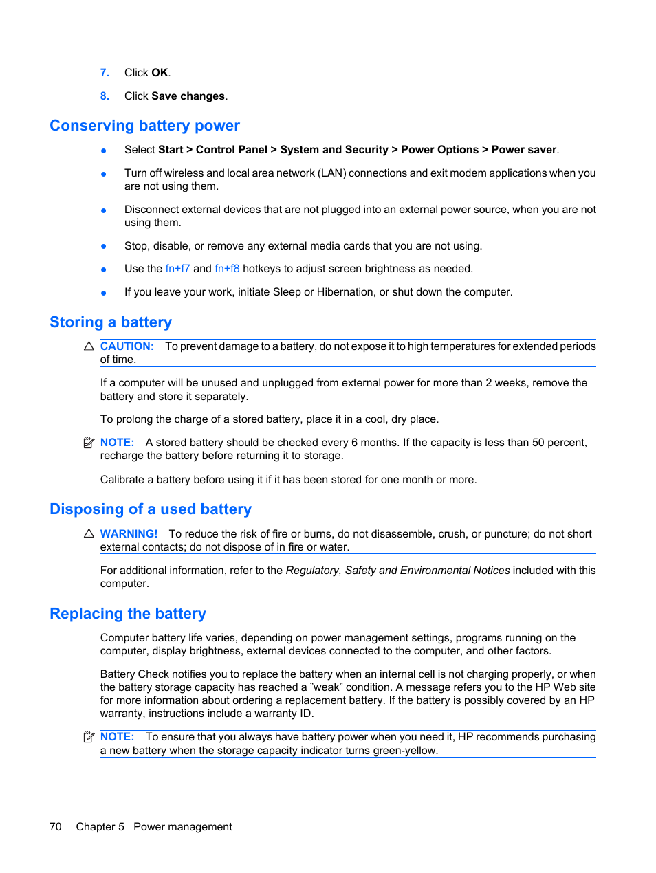 Conserving battery power, Storing a battery, Disposing of a used battery | Replacing the battery | HP Compaq Presario CQ41-211TX Notebook PC User Manual | Page 80 / 132