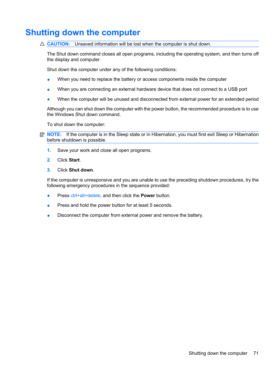 Shutting down the computer | HP Compaq Presario CQ41-211TX Notebook PC User Manual | Page 81 / 132