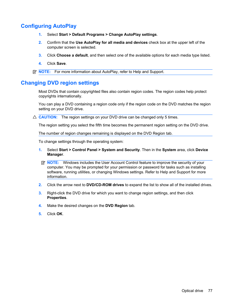 Configuring autoplay, Changing dvd region settings, Configuring autoplay changing dvd region settings | HP Compaq Presario CQ41-211TX Notebook PC User Manual | Page 87 / 132