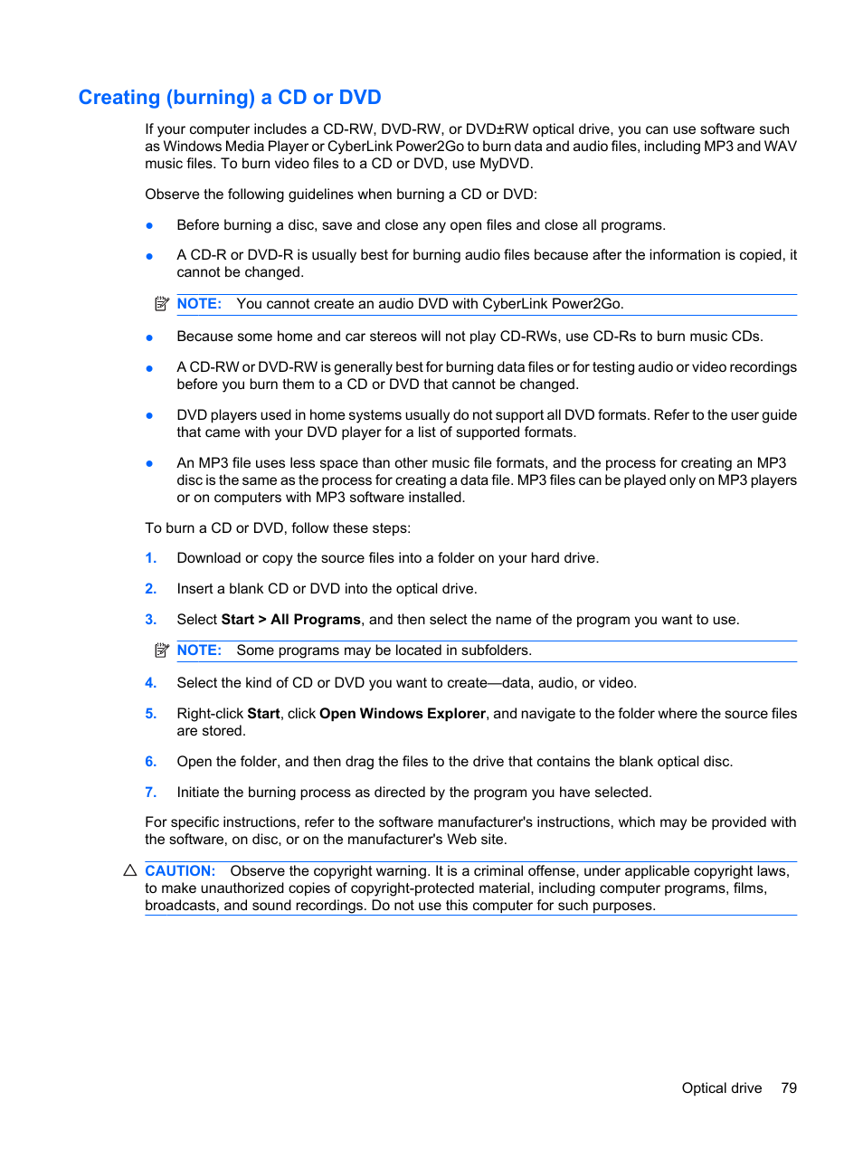 Creating (burning) a cd or dvd | HP Compaq Presario CQ41-211TX Notebook PC User Manual | Page 89 / 132