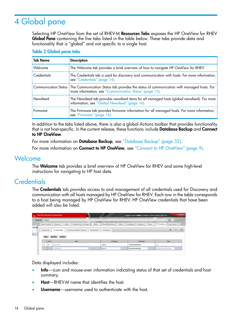 4 global pane, Welcome, Credentials | Welcome credentials, Global pane | HP OneView for Red Hat Enterprise Virtualization User Manual | Page 14 / 45