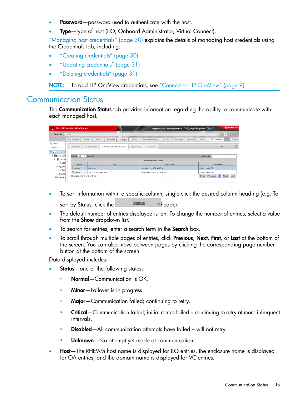 Communication status | HP OneView for Red Hat Enterprise Virtualization User Manual | Page 15 / 45